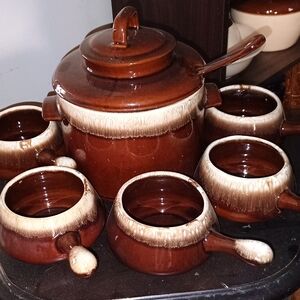 Mccoy Pottery Bean Pot.Elegant Brown Ceramic Cookware Set with Ladle And Bowls